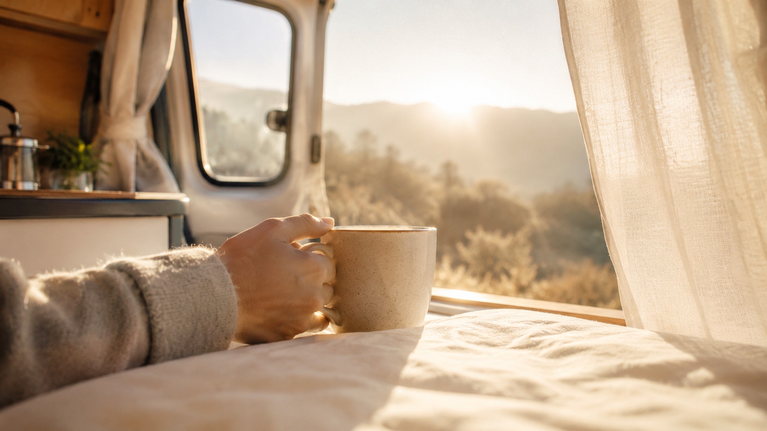 Warmes Morgenlicht im Campingbus auf einer Hand und einem Becher Kaffee