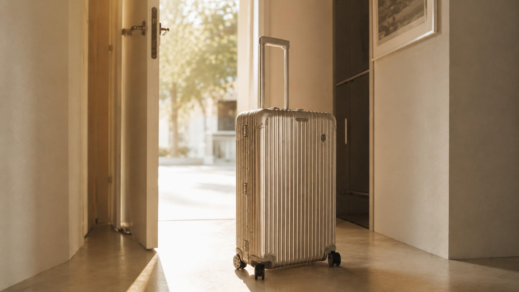 Gepackter Reisekoffer im warmen Morgenlicht neben einer offenen Tür