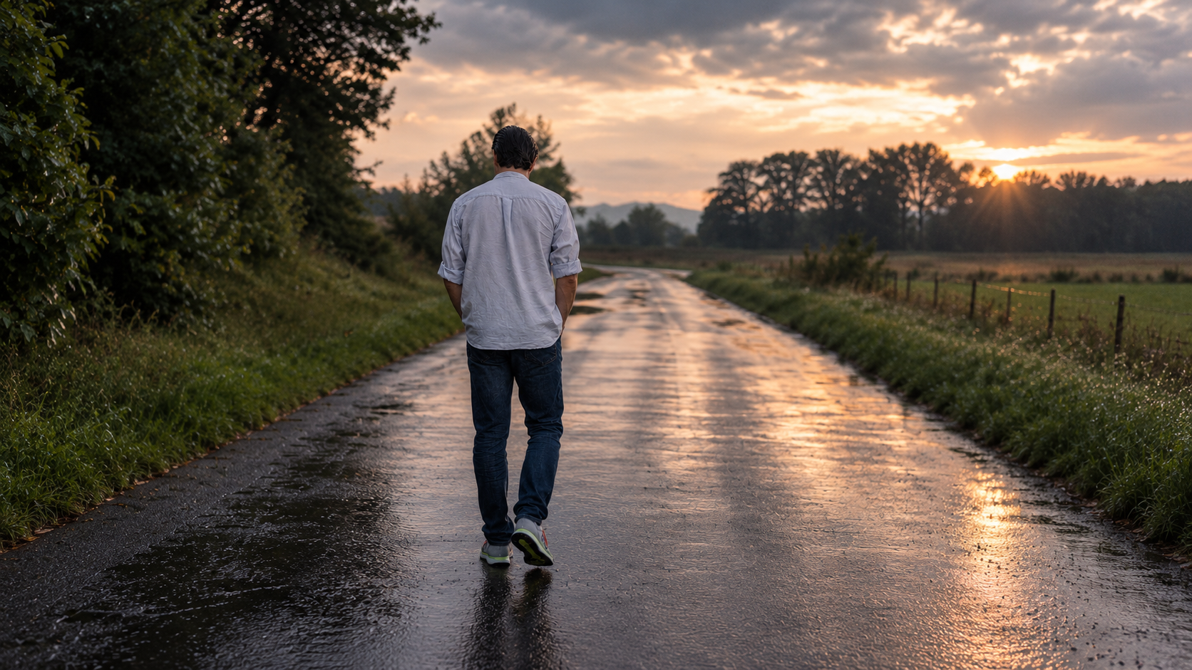 Mann von hinten auf einem leeren regennassen Weg, Kopf gesenkt, weiches Licht