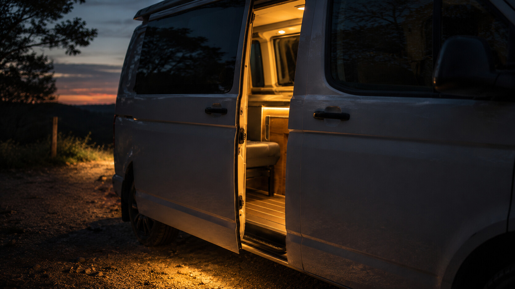 Leicht geöffnete Schiebetür eines Campingbusses mit warmem Licht im Inneren