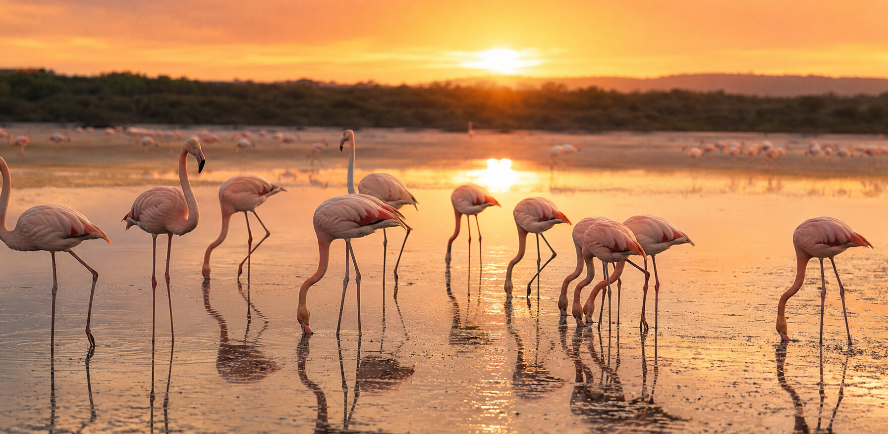 Rosa Flamingos im goldenen Abendlicht am flachen Wasser