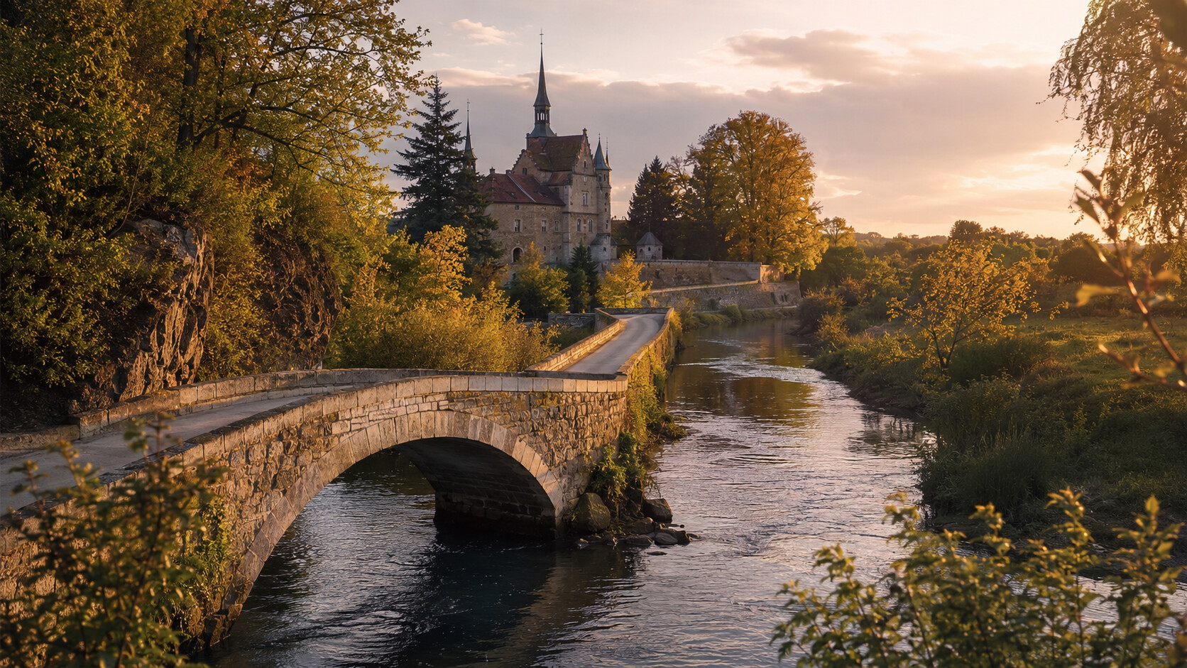 Kleine Steinbrücke über einen Bach mit Schlösschen im Abendlicht an der Grenze