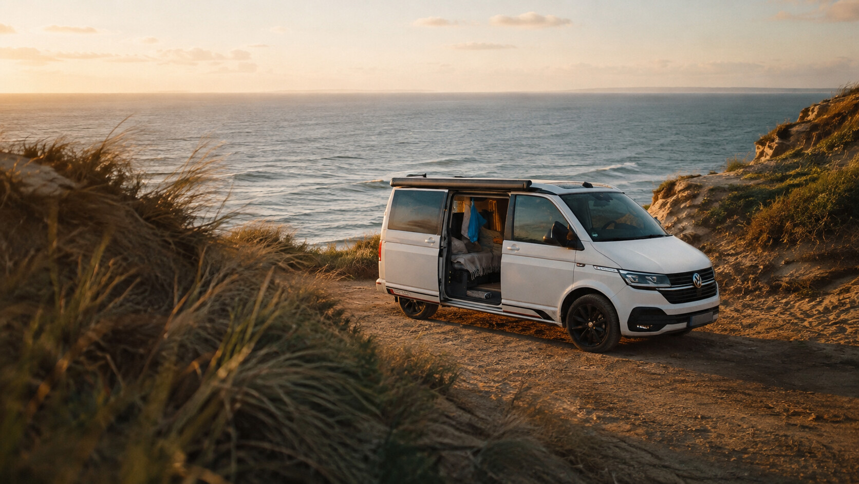 Weißer Campingbus in einer kleinen Bucht zwischen Sanddünen am Atlantik