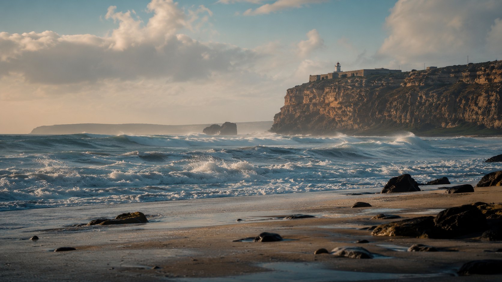 Blick von der Praia Nova auf den Leuchtturm von Nazaré über der Brandung