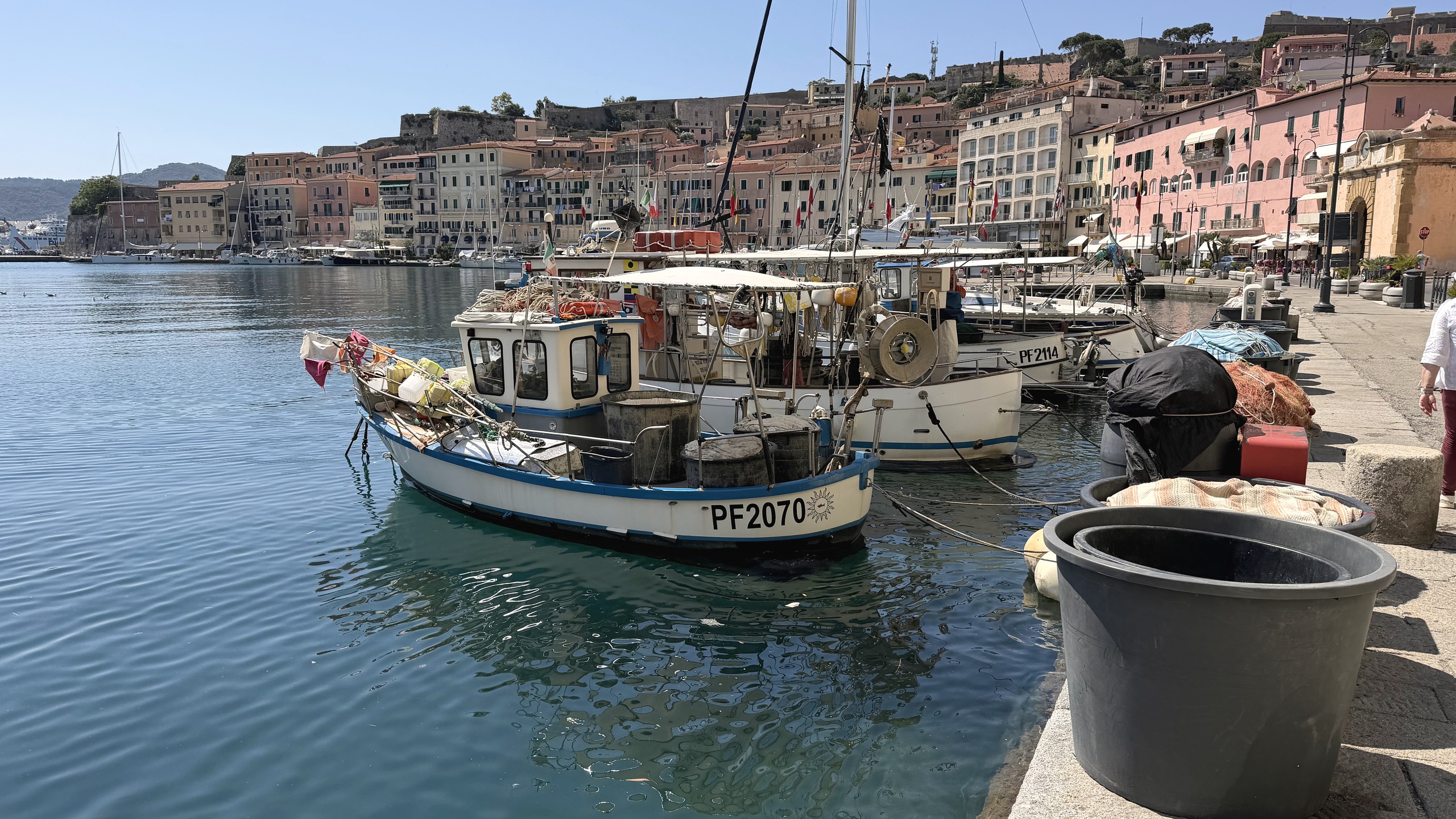 Fischerboote im Hafen von Portoferraio auf Elba vor pastellfarbenen Häusern