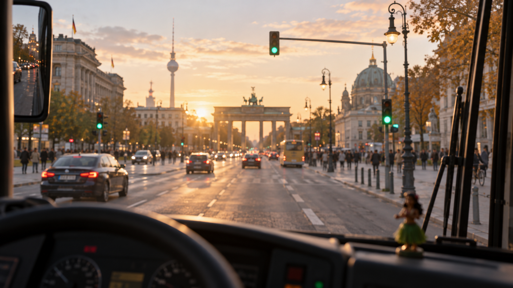 Blick durch die Windschutzscheibe auf eine Berliner Straße am Abend.