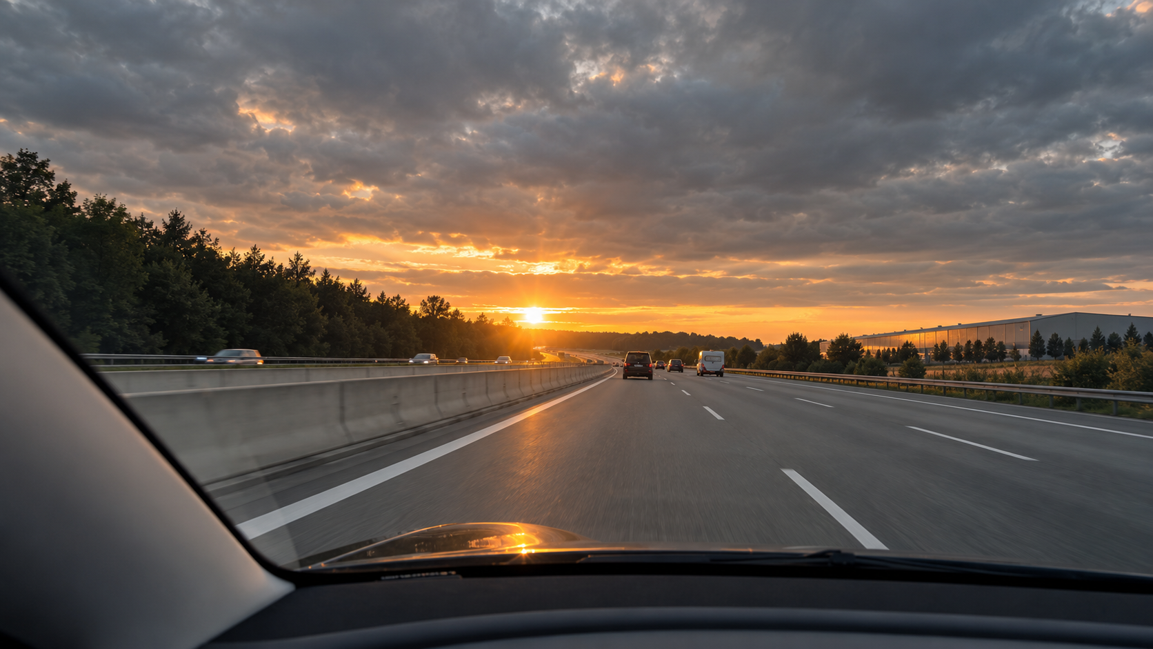 Sonne bricht auf dem Heimweg durch eine dichte Wolkendecke über der Autobahn.