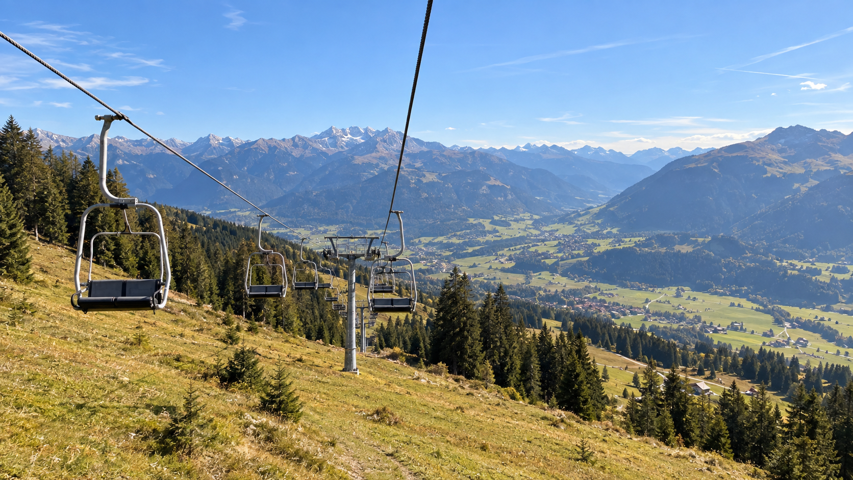 Offener Sessellift über einer Almwiese, darunter fällt der Hang steil ins Tal ab.