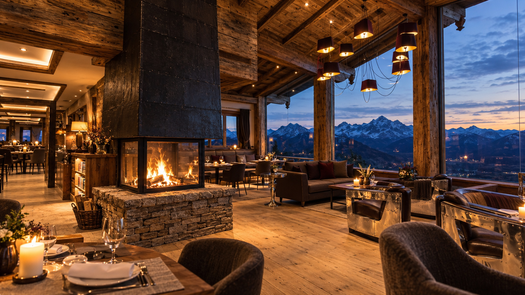Alpine Gaststube mit offenem Feuer, Holzträgern und voller Glasfront zu den Bergen.