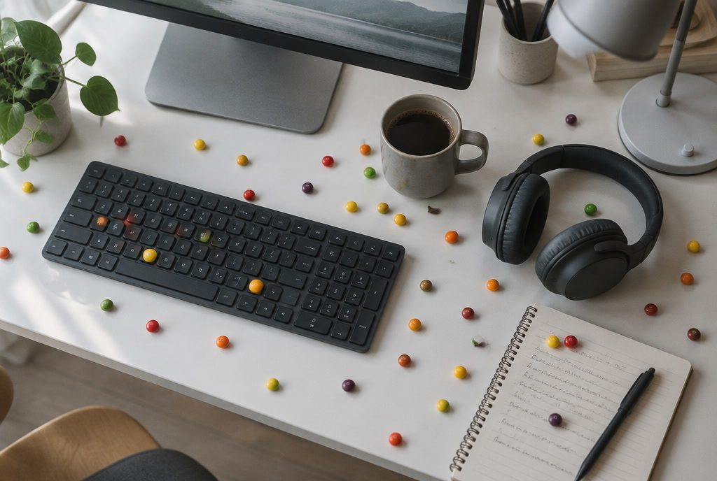 Bunte runde Bonbons liegen verstreut über einem nüchternen grauen Schreibtisch zwischen Tastatur, Notizen und Kaffeetasse.