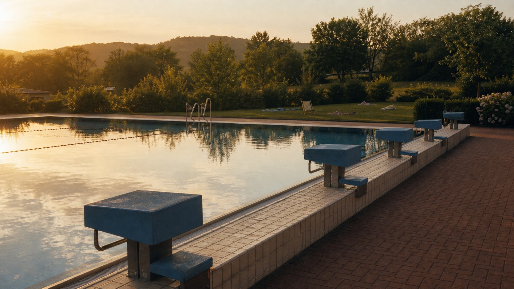 Leeres Freibad im goldenen Abendlicht eines heißen Augusttages