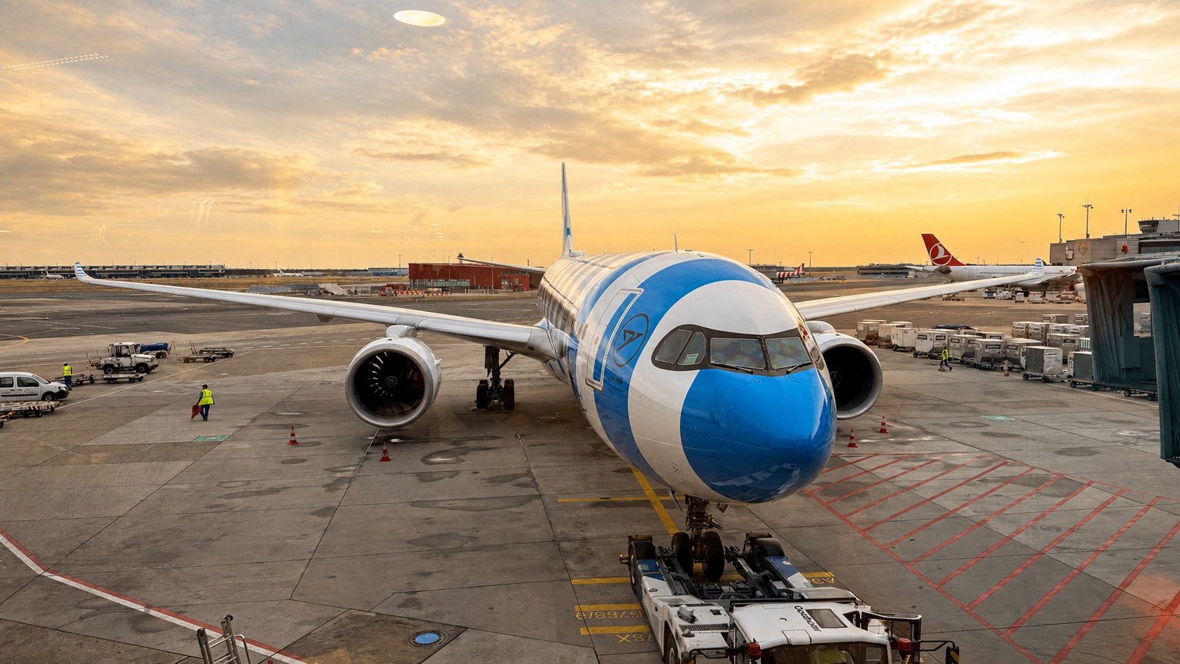 Aufbruch am Flughafen, Gepäck und Flugzeug hinter der Scheibe