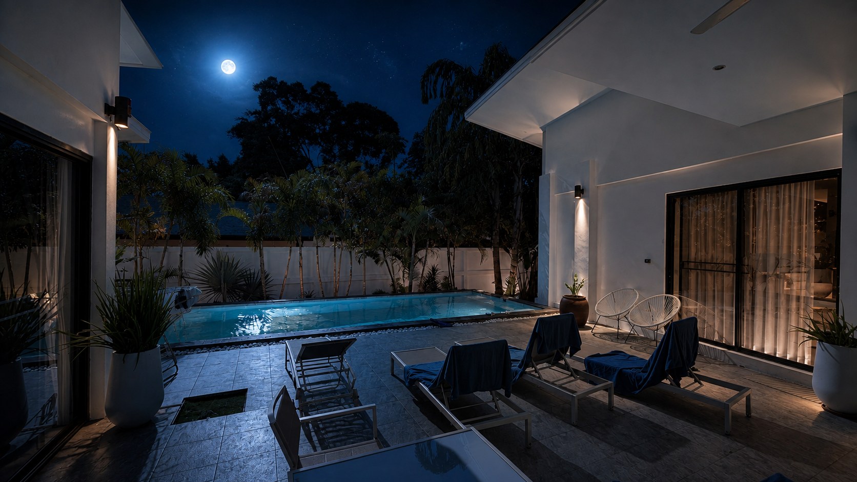 Stiller Pool unter klarem Mondhimmel in tropischer Nacht
